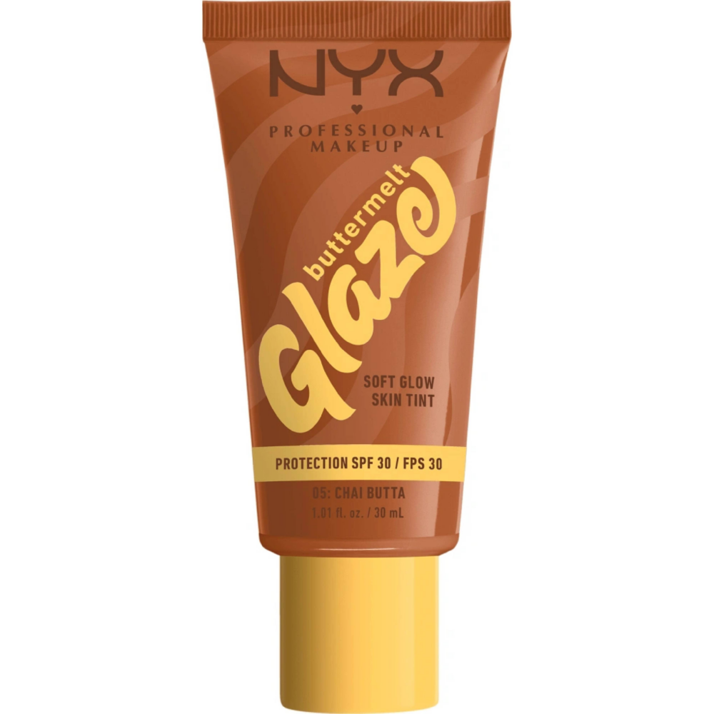 Close-up of an orange-brown NYX Professional Makeup lip tint tube with a yellow cap and SPF 30 label reading 'Protection SPF 30' (Butter Glow).