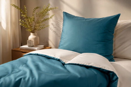 Teal bedding and pillows on a neatly made bed with a wooden nightstand holding a vase and a book tallied on it