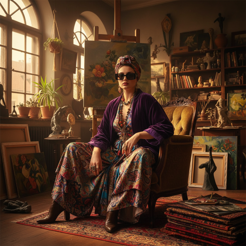 Woman seated in a vintage studio wearing a patterned dress, purple cardigan, headwrap, and sunglasses, surrounded by paintings and sculptures.