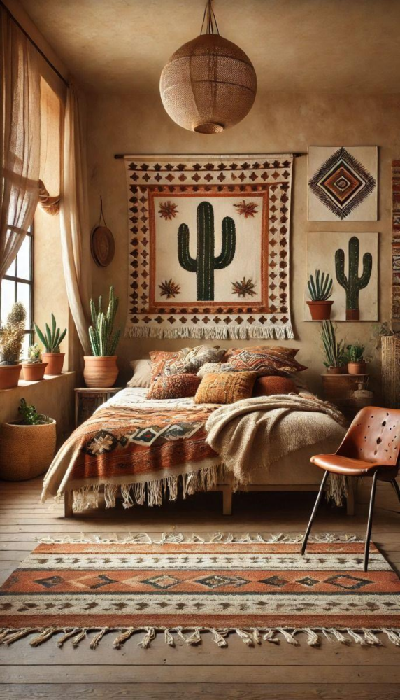 Cozy bohemian bedroom with cactus-themed wall art, terracotta pots, and warm woven textiles.
