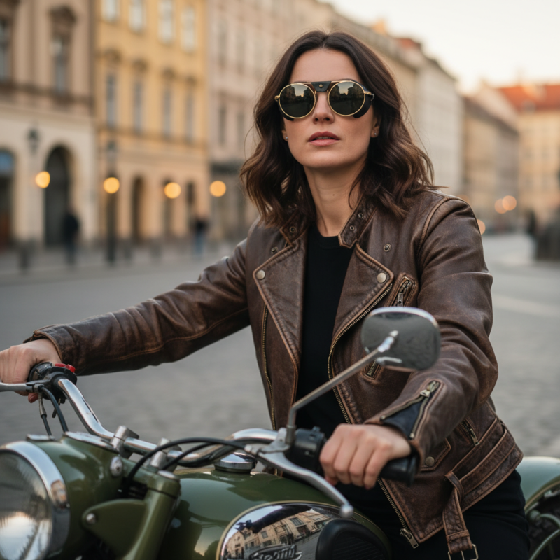 Woman wearing a brown leather jacket and round sunglasses sits on a vintage green motorcycle in a city street scene.