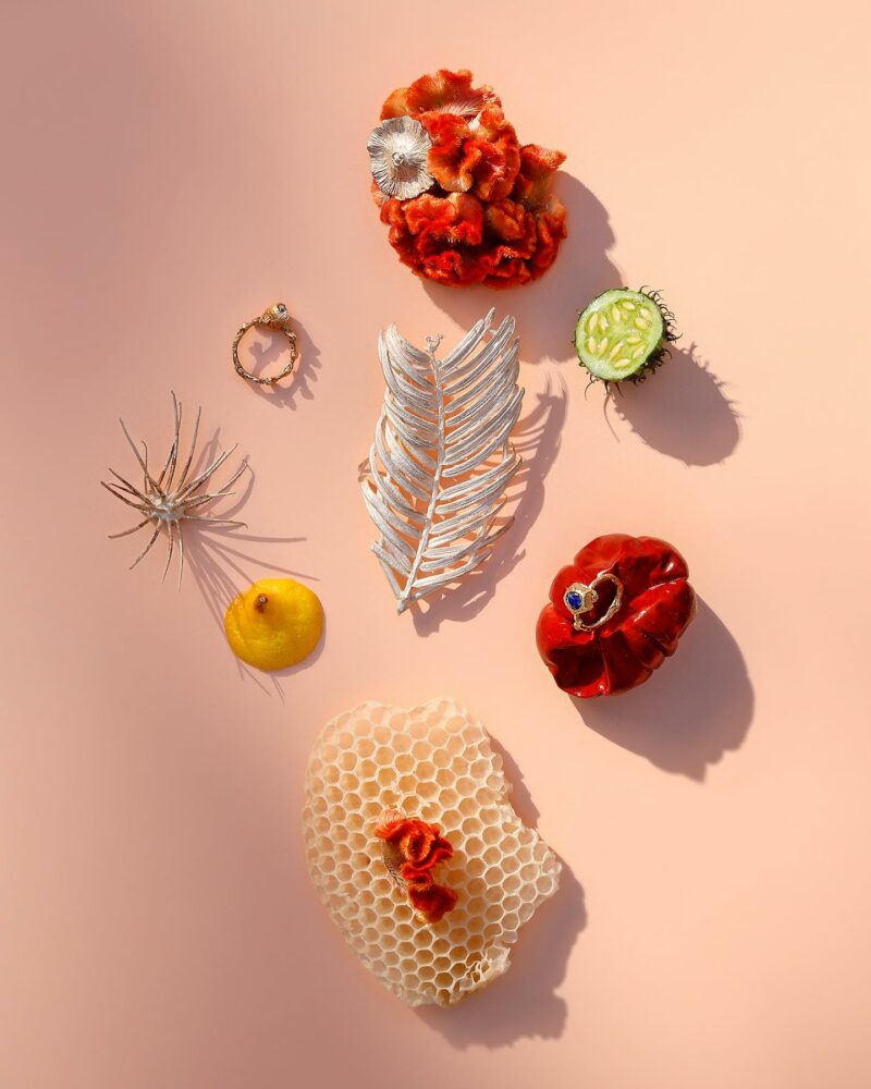 Flat lay of jewelry and natural objects on a peach background, including orange coral, a silver leaf, ring, lemon, honeycomb fragment, and a green seed pod.