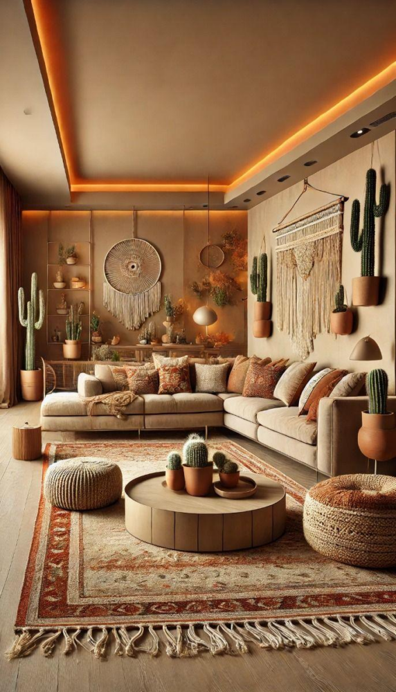 Boho living room with an L-shaped beige sofa, earthy cushions, round wooden coffee table, and potted cacti on a woven rug with a macramé wall hanging.