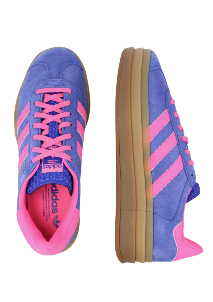 Top view and side view of blue sneakers with pink laces and pink Adidas stripes, gum soles.