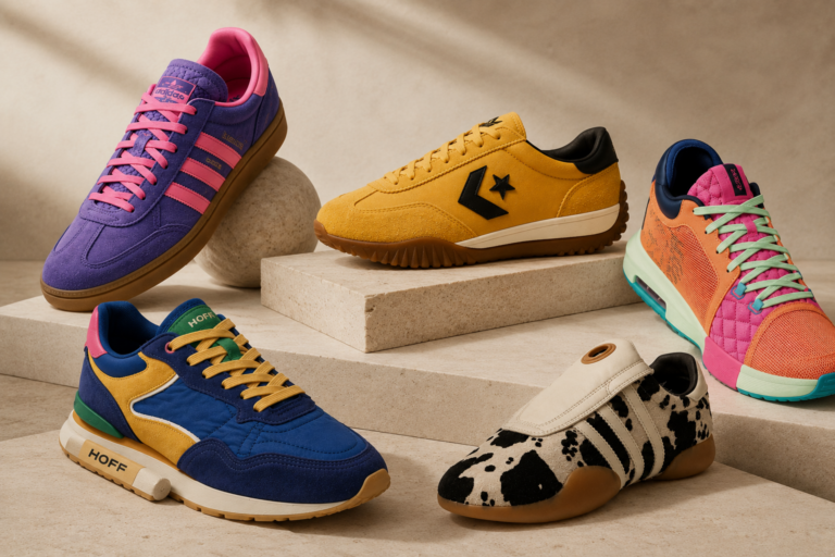 Five colorful sneakers displayed on beige stone steps, featuring purple-pink, yellow, blue, orange, and cow-print designs.
