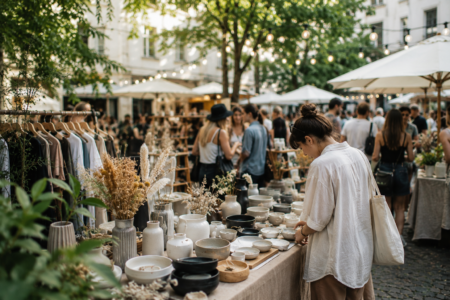 A woman in a white shirt browses ceramic bowls and vases on a linen-covered table at a sunny outdoor market, with clothing racks and string lights in the background.