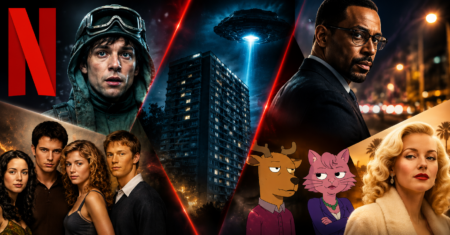 Netflix collage poster with diverse characters, a city high-rise, a UFO beam, and cartoon animals across red diagonal panels.