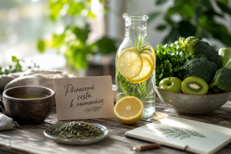 Glass bottle with lemon slices and rosemary infusing water, surrounded by fresh greens, kiwi, and fruit on a wooden table with a Czech note nearby.