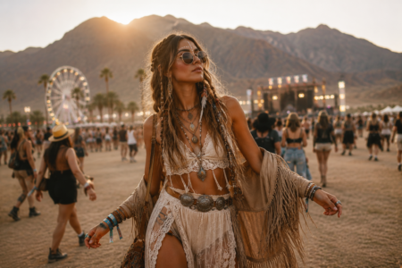 Boho festival attendee in lace outfit and layered jewelry poses at sunset with a distant ferris wheel and mountains in the background.