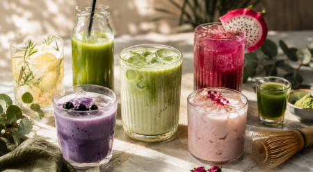 Assorted colorful smoothies in clear glasses and jars on a sunlit table, with fruit garnishes and a dragon fruit slice visible in the background.