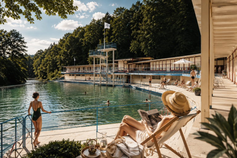 Outdoor pool by a lake-like river with a two-level diving platform, people swimming and sunbathing under a sunny sky on a warm day.