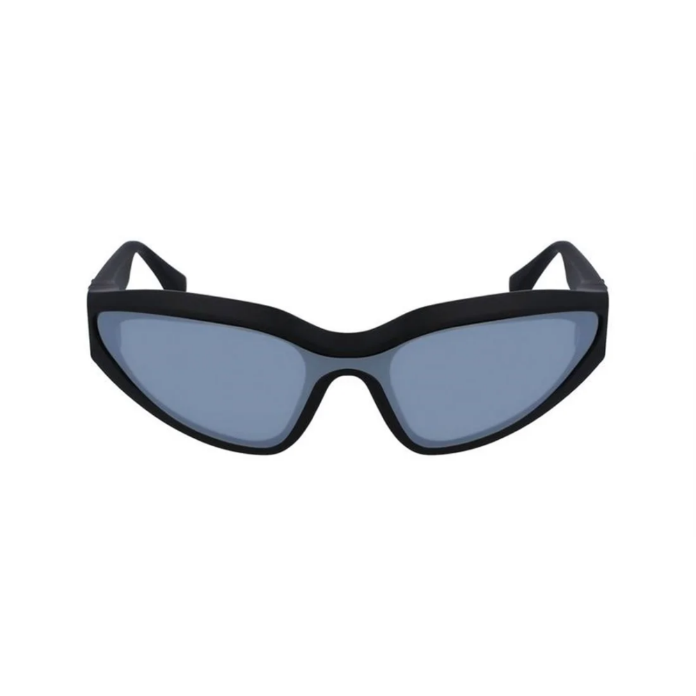 Wraparound safety sunglasses with blue lenses and a black frame viewed head-on.