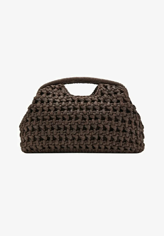 Brown woven handbag with short top handles, designed for everyday use.