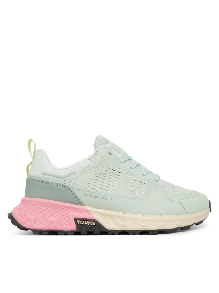 Mint-green Palladium sneaker with pink midsole and black outsole, side view showing knit upper and logo detail