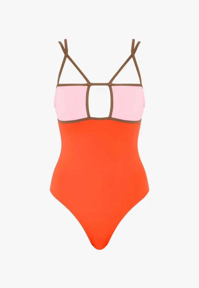 Color-block one-piece swimsuit with pink upper panel, orange lower panel, and brown trim and straps.