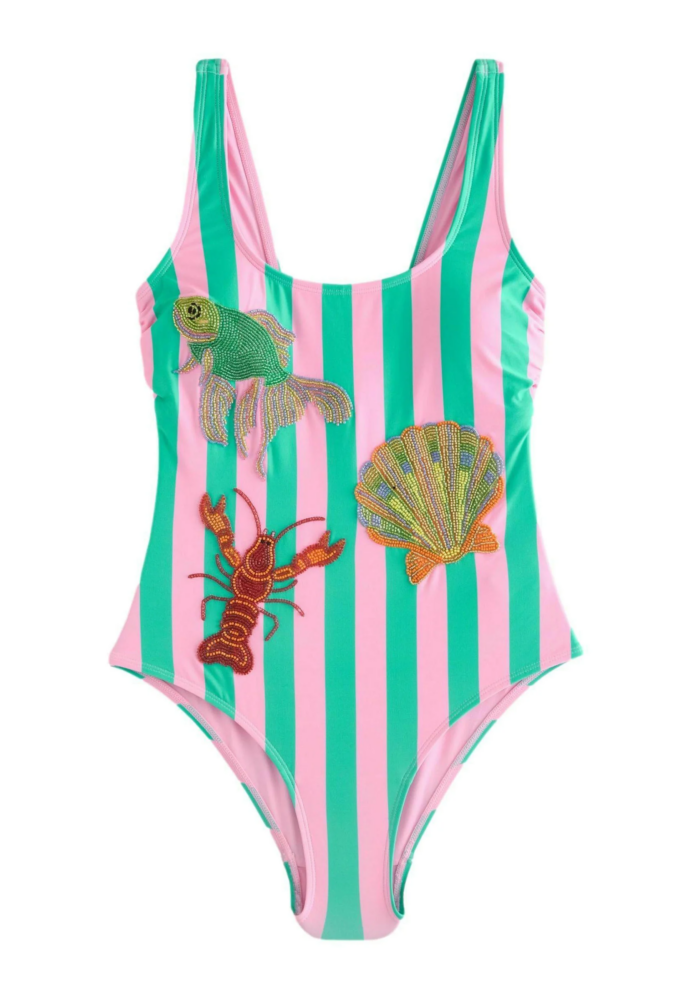 One-piece swimsuit with pink and green vertical stripes and beaded lobster and seashell embroidery at the front.