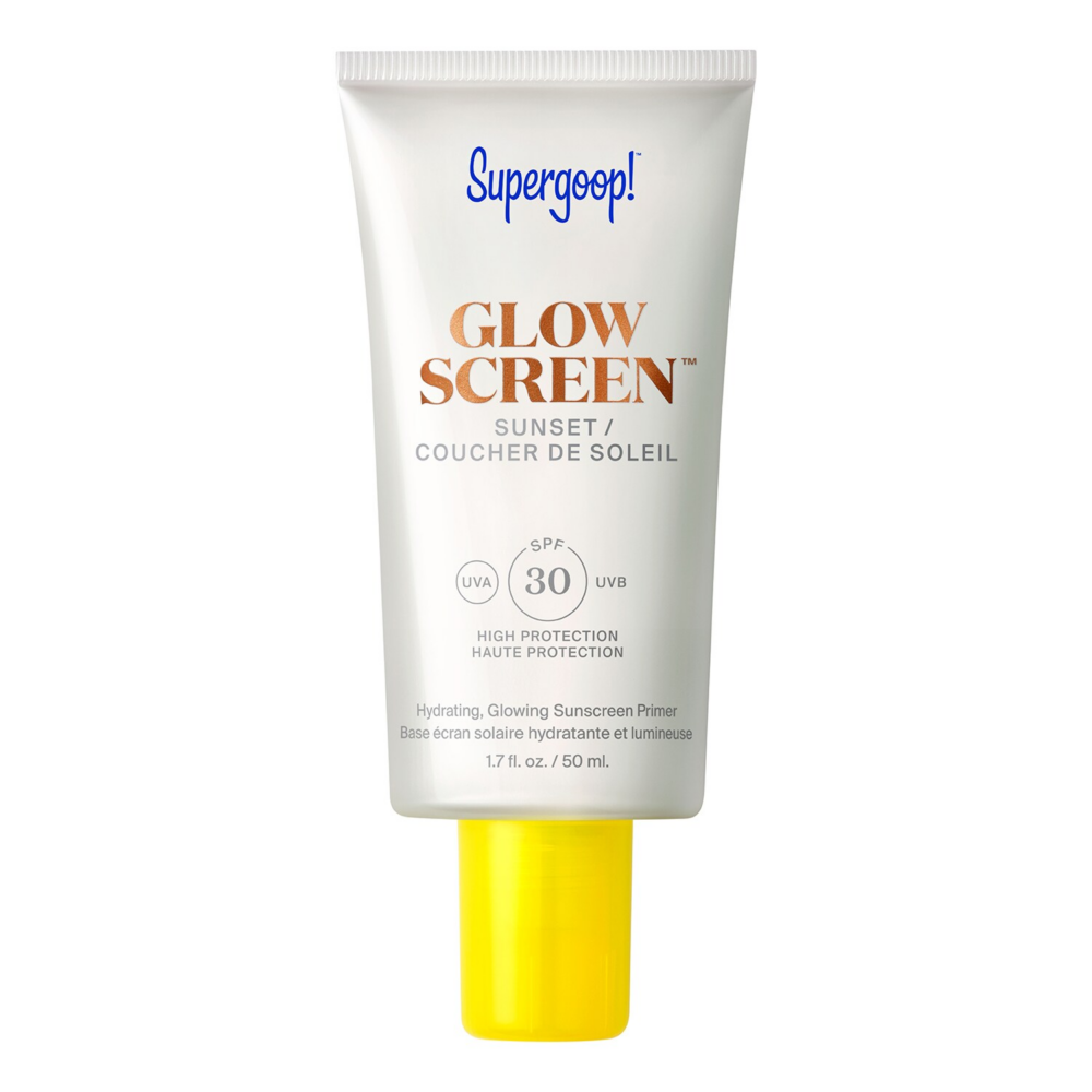 Sunscreen tube labeled Glow Screen Sunset with a yellow cap and white packaging, brand Supergoop!