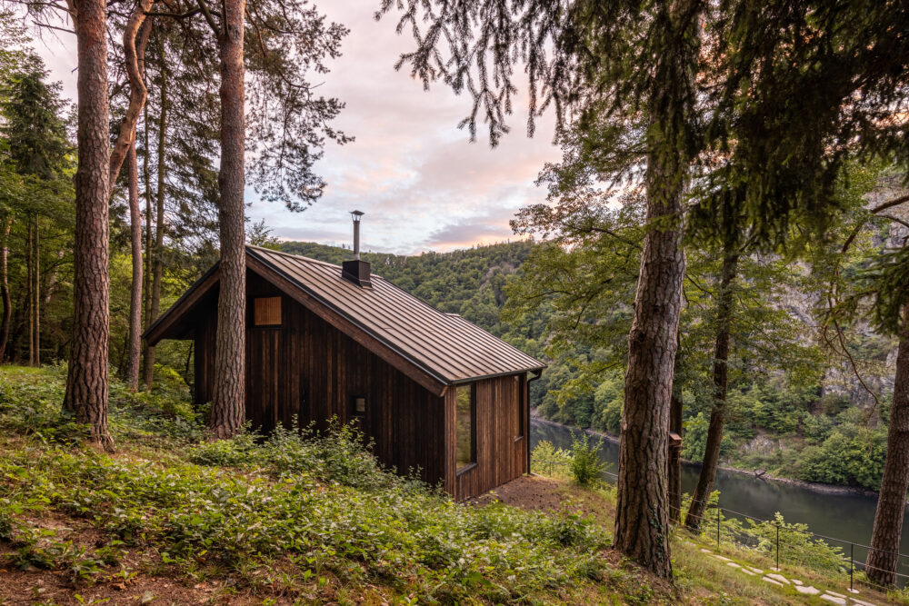 Rustic wooden cabin nestled among tall pine trees with a river and forested hills in the background.