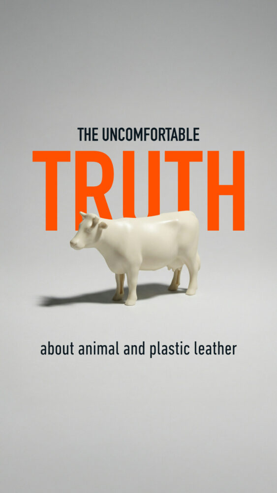 Poster with bold orange TRUTH over a white cow figure; caption reads 'about animal and plastic leather'.
