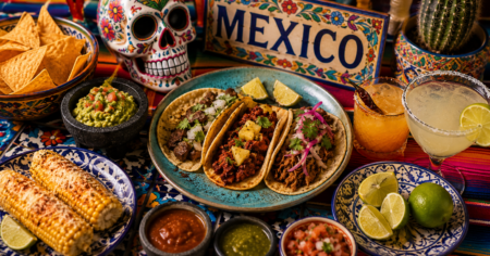 Plate of three tacos with beef and toppings, with chips, lime wedges and a bright table backdrop as a Mexico-themed scene.