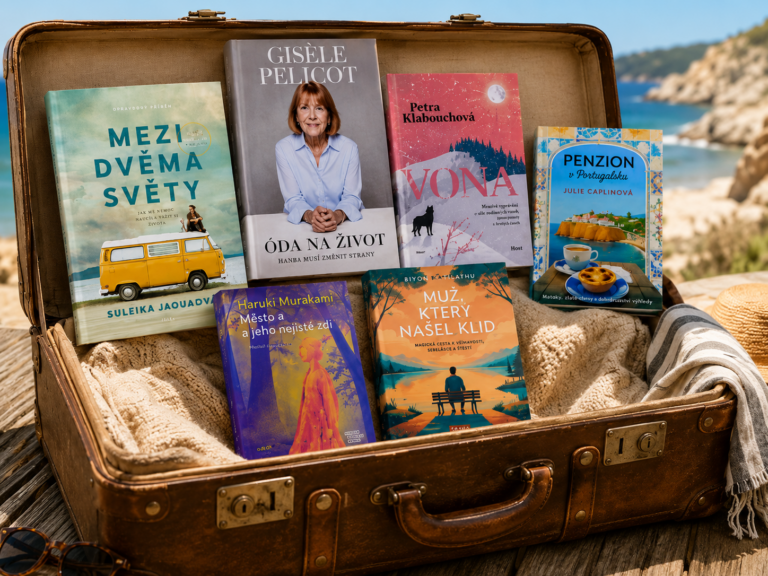 Open vintage brown suitcase on a wooden surface, filled with colorful travel books and a beach backdrop, suggesting a seaside reading trip.