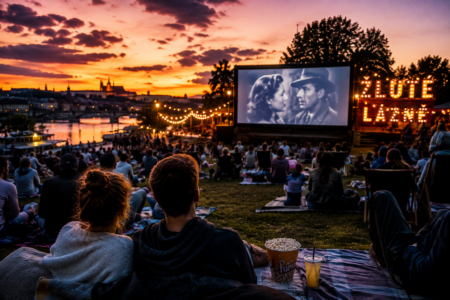 Crowd sits on blankets at an outdoor riverside cinema at sunset, watching a large screen with a black-and-white film and string lights overhead.
