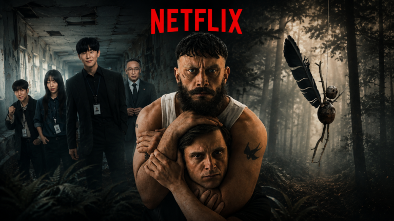 Netflix thriller poster: a bearded man hugs another man protectively in the foreground, with a group of investigators in a dark, ruined hallway to the left and a eerie forest scene on the right.