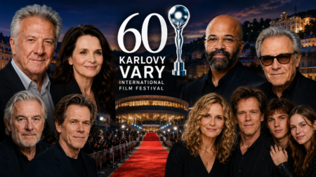 Poster for the 60th Karlovy Vary International Film Festival featuring a group of actors around a red carpet with the festival logo and trophy in a night-city backdrop.