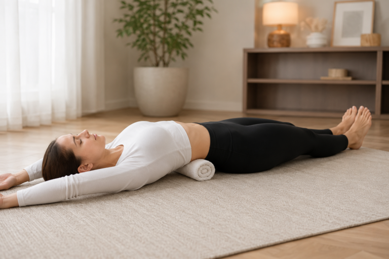 Woman lying on a beige rug, with a small rolled towel under her upper back, performing a back stretch in a bright living room.