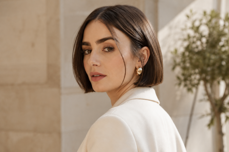 Close-up portrait of a woman with a sleek brown bob and gold hoop earrings, wearing a light coat outdoors near a stone wall and greenery, looking over her shoulder.