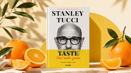 Hardcover cookbook cover: 'STANLEY TUCCI' with 'TASTE' subtitle and orange-yellow design, surrounded by fresh oranges and leaves on a pale backdrop.