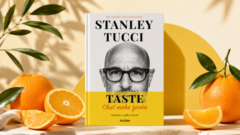 Hardcover cookbook cover: 'STANLEY TUCCI' with 'TASTE' subtitle and orange-yellow design, surrounded by fresh oranges and leaves on a pale backdrop.
