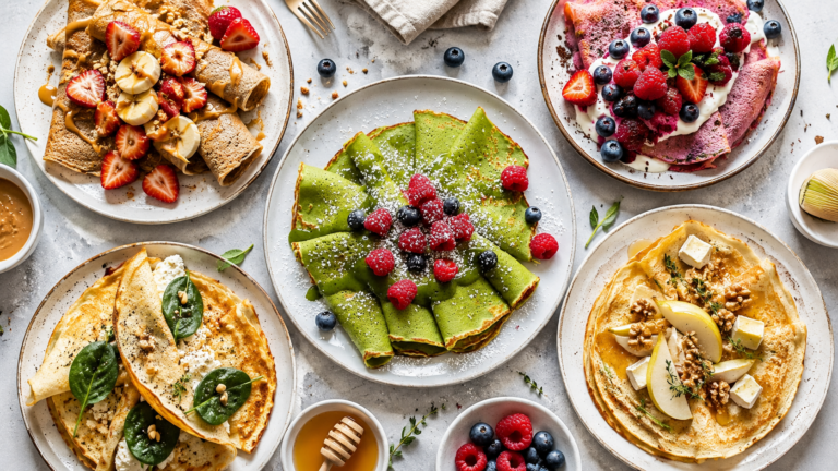Assortment of fruit-topped crepes and pancakes on several plates with berries, bananas, syrup, and whipped cream, arranged on a light countertop.