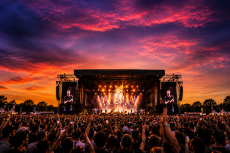 Concert crowd at sunset watching a large illuminated stage with screens on both sides and a vibrant orange–pink sky above.