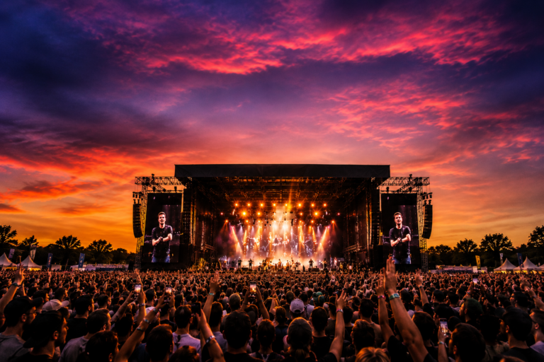 Concert crowd at sunset watching a large illuminated stage with screens on both sides and a vibrant orange–pink sky above.