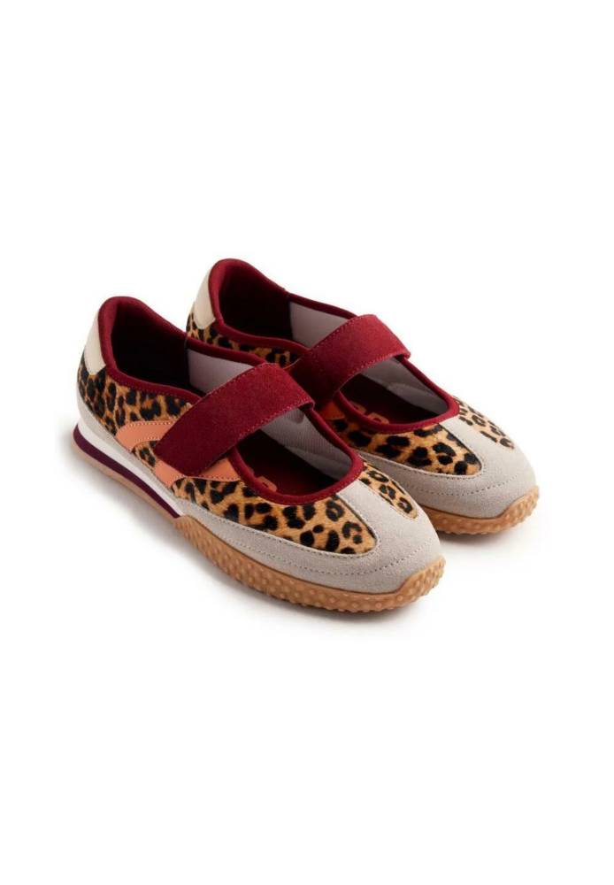 Pair of leopard-print sneakers with burgundy straps and beige toe caps, on a white background.