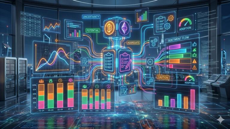 Futuristic data dashboard with neon charts, graphs, and icons showing analytics, blockchain, and adoption trends.