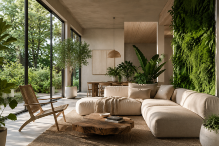 Bright, minimalist living room with a beige sectional sofa, woven rug, and large floor-to-ceiling windows showing greenery outside.
