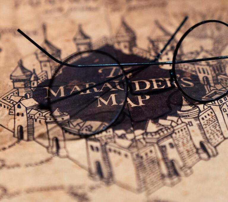 Round glasses resting on a detailed Marauder’s Map.