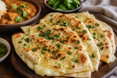 Three buttered naan breads sprinkled with cilantro on a wooden serving board, with curry and chutney in the background.