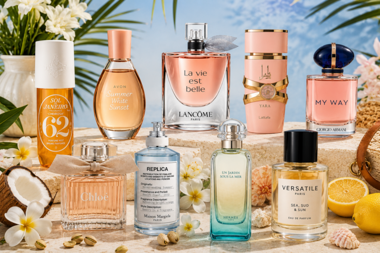 Assortment of perfume bottles arranged on a sunlit stone surface with tropical flowers and leaves in the background.