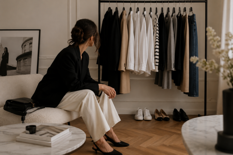 Woman in a black blazer and white pants sits on a cream sofa, facing a clothing rack of neutral coats and shirts with shoes lined on the floor nearby.