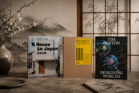 Three design books arranged on a wooden table in a Japanese-style room; a vase with blossoms sits to the left and a shoji-style screen backdrop behind.