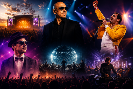 Huge concert crowd facing a bright stage with colorful lights and a glowing globe centered on the floor/ stage.