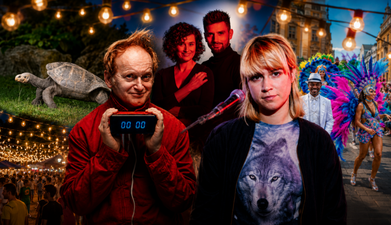 Festival scene with string lights and costumed performers; a man in a red jacket holds a digital timer, while a young woman with a wolf-shirt stands at the front.