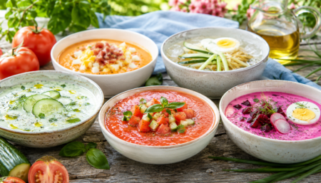 Assorted bowls of vibrant soups arranged on a rustic wooden table outdoors, topped with herbs and vegetables, with fresh tomatoes and a jar of oil in the background.