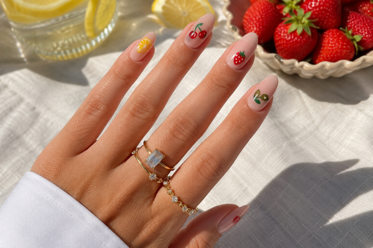 Hand with nude almond nails showcasing fruit-themed art: lemon, cherries, strawberry, and olive; gold rings on fingers; strawberries in a bowl in the background.