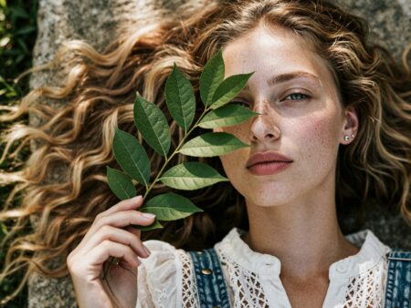 Portrait of a young woman with long, wavy hair lying outdoors, holding a green leafy branch in front of her face.