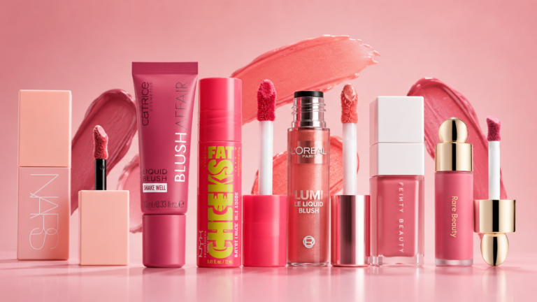 Assorted pink lip glosses, lipsticks and tubes lined up on a pink surface with brand logos visible in a cosmetic display scene.