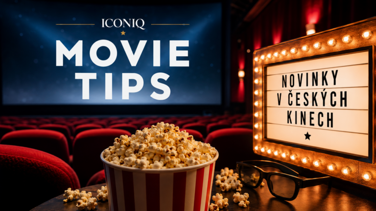 Cinema interior with popcorn, 3D glasses and a large screen that reads 'MOVIE TIPS' above a row of red seats and a glowing signboard reading Czech cinema news